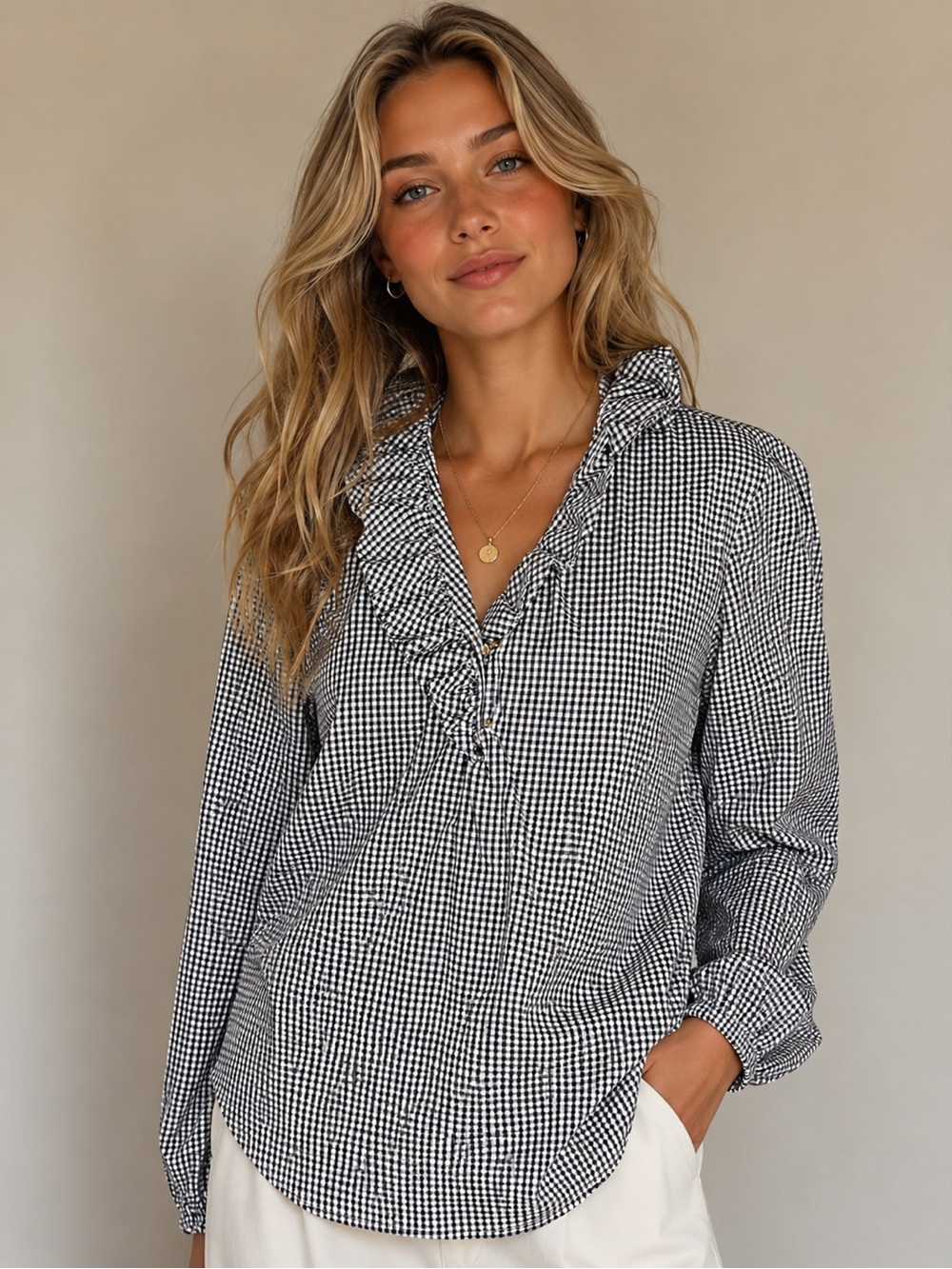 Elizabeth McKay Navy Blue & White Gingham Ruffle Neck Blouse NWT Size 6